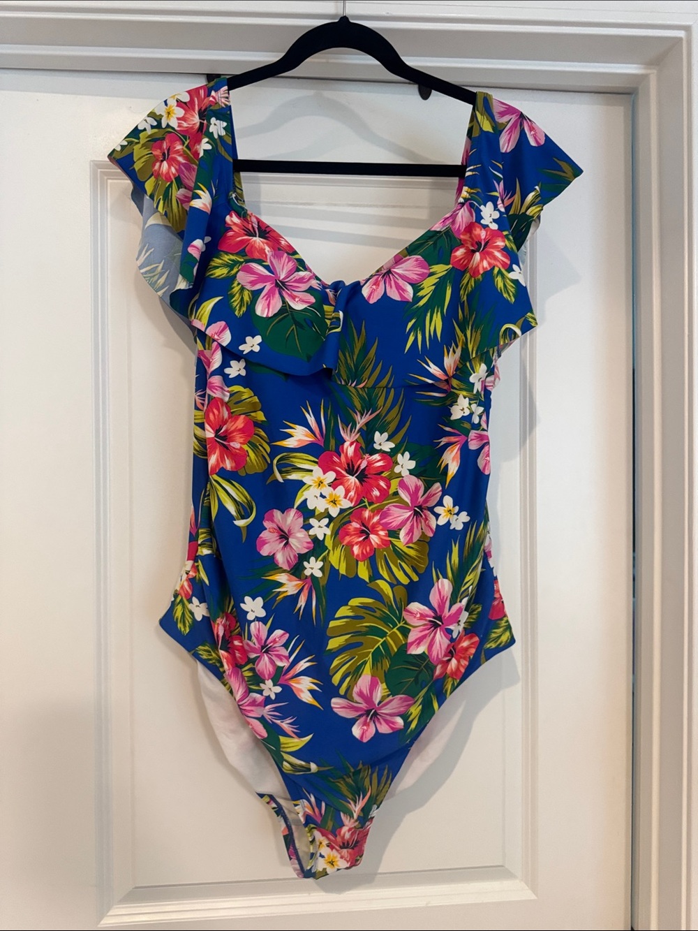 Kona Sol Blue Tropical Floral Ruffle One-Piece Swimsuit